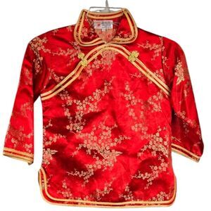 Girls Cherry Blossom Red Gold Silk Brocade Qipao Cheongsam Formal Chinese Top